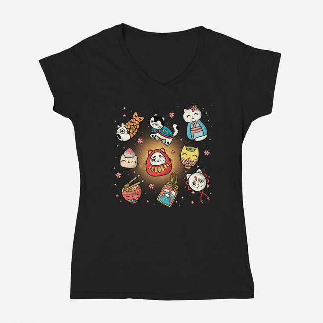 Kawaii Japanese Cat Collection-Womens-V-Neck-Tee-Freecheese