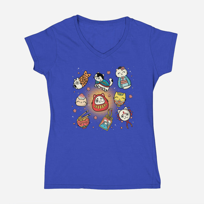 Kawaii Japanese Cat Collection-Womens-V-Neck-Tee-Freecheese