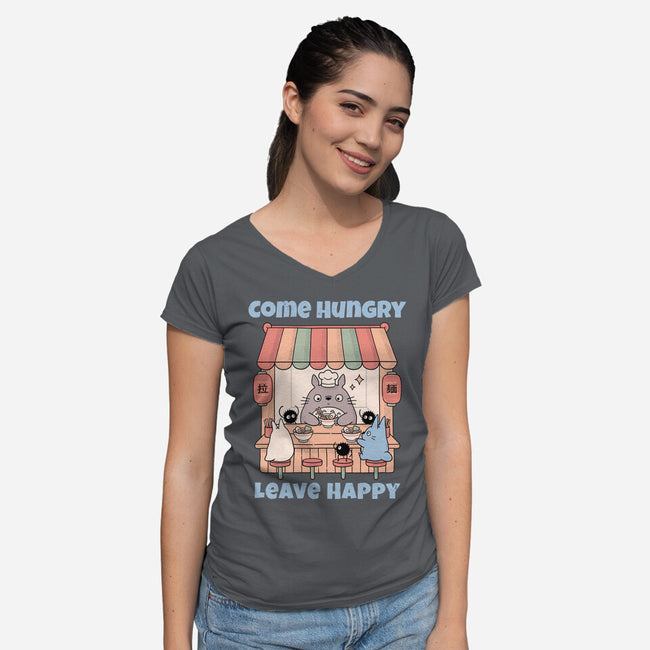 Come Hungry Leave Happy-Womens-V-Neck-Tee-GODZILLARGE