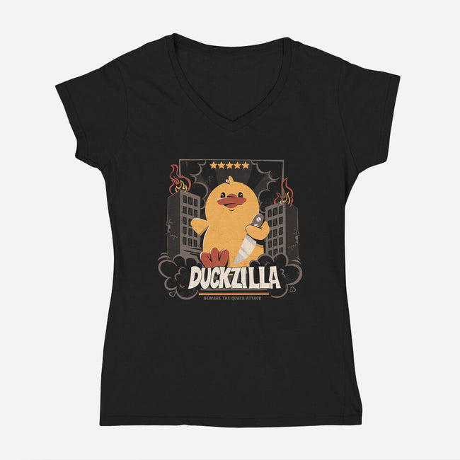 Duckzilla Funny Duck Attack-Womens-V-Neck-Tee-tobefonseca