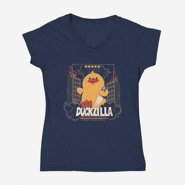 Duckzilla Funny Duck Attack-Womens-V-Neck-Tee-tobefonseca