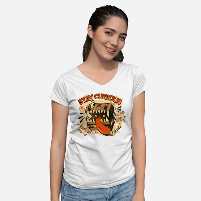 Stay Curious Mimic RPG-Womens-V-Neck-Tee-tobefonseca