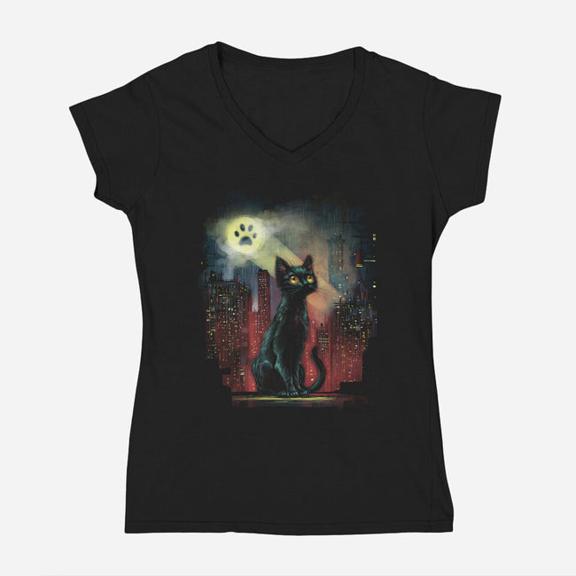 Cat Signal-Womens-V-Neck-Tee-zascanauta