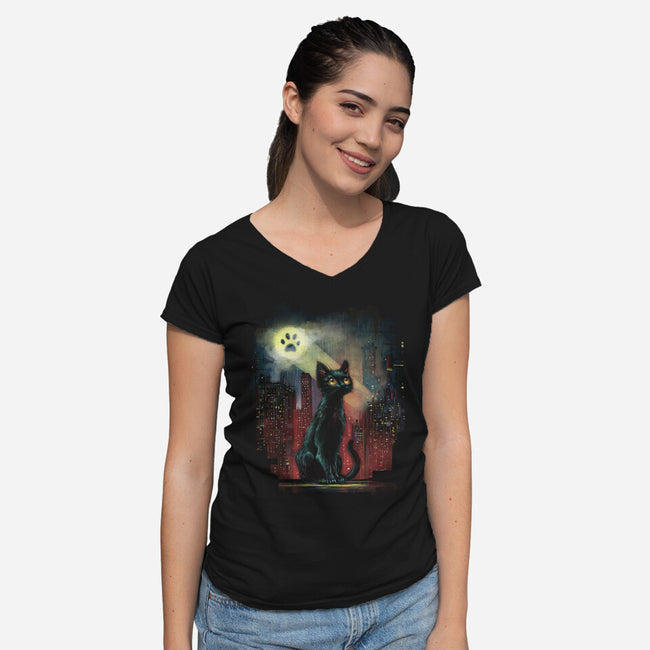 Cat Signal-Womens-V-Neck-Tee-zascanauta