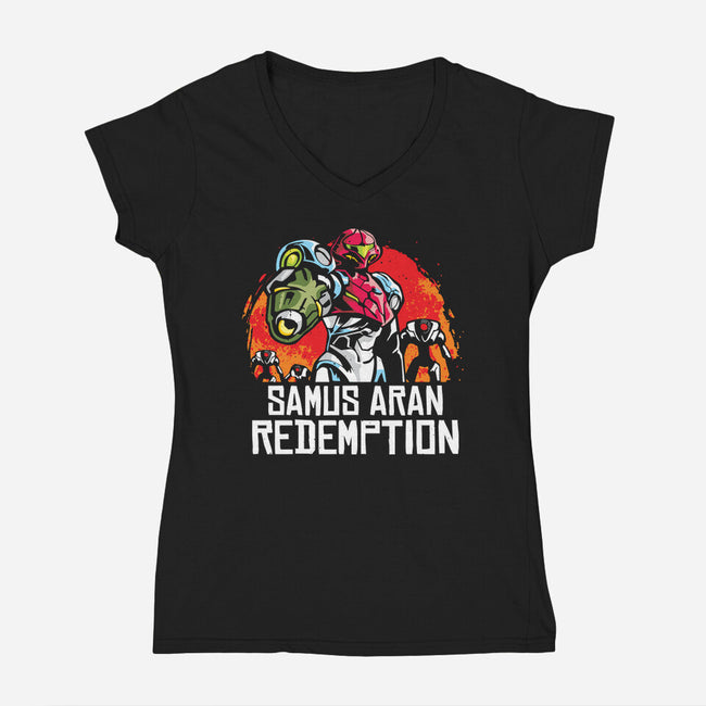 Samus Redemption-Womens-V-Neck-Tee-arace