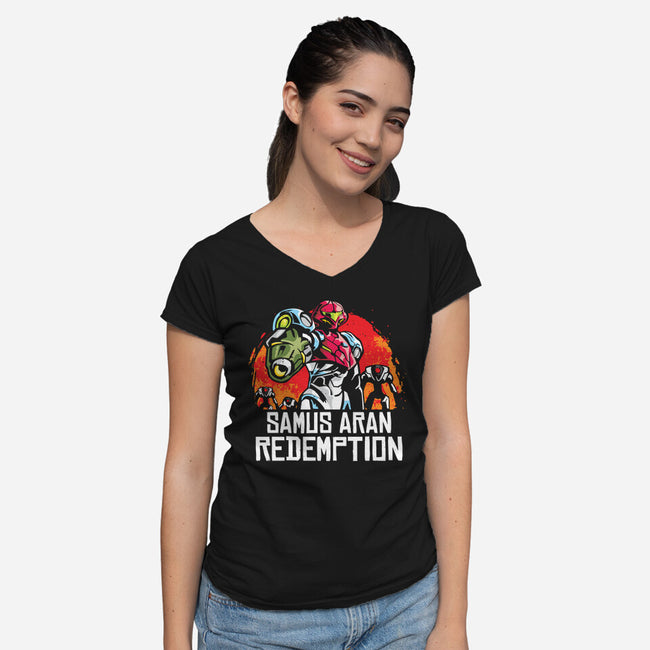 Samus Redemption-Womens-V-Neck-Tee-arace