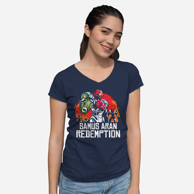 Samus Redemption-Womens-V-Neck-Tee-arace