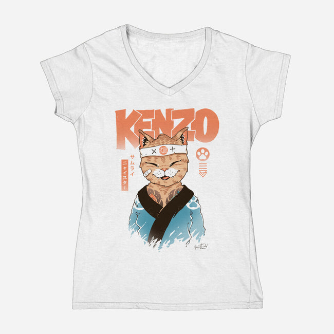 Kenzo D Samurai Meowster-Womens-V-Neck-Tee-vp021