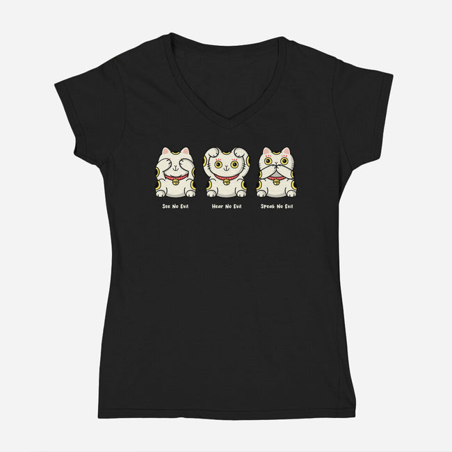 Three Wise Maneki-Neko-Womens-V-Neck-Tee-Freecheese