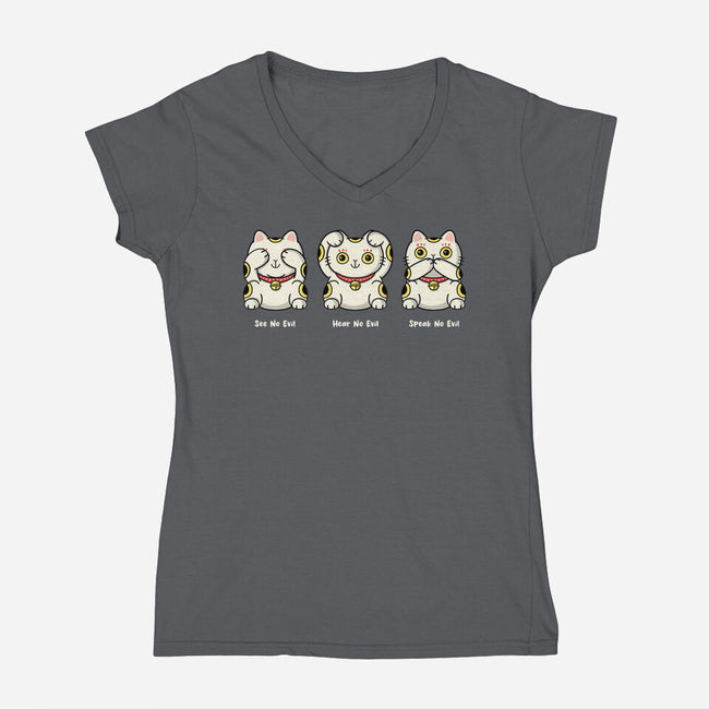 Three Wise Maneki-Neko-Womens-V-Neck-Tee-Freecheese