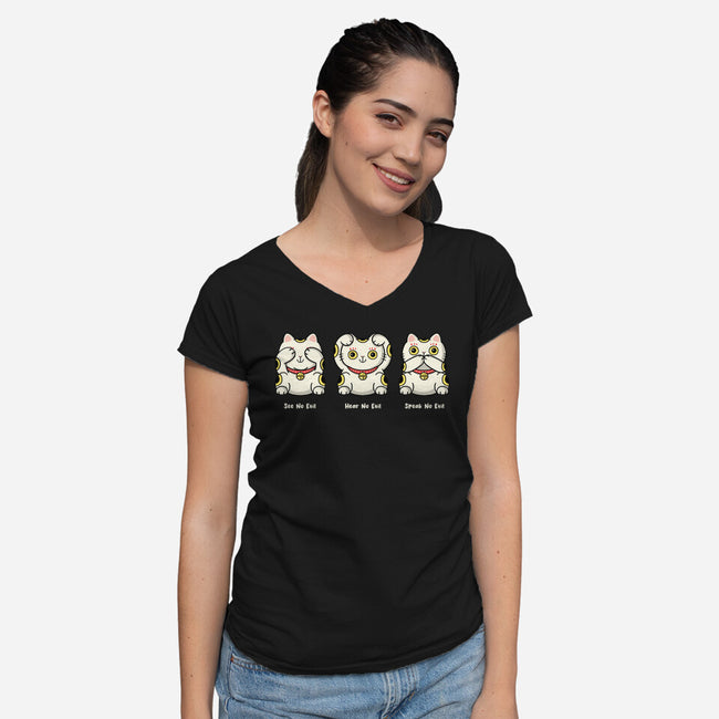 Three Wise Maneki-Neko-Womens-V-Neck-Tee-Freecheese