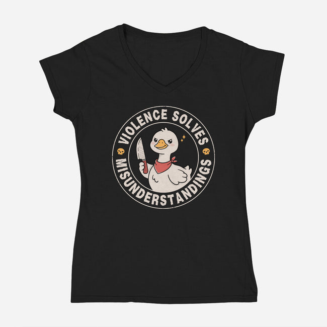 Violence Solves Misunderstandings-Womens-V-Neck-Tee-GODZILLARGE