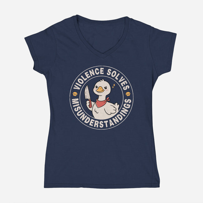 Violence Solves Misunderstandings-Womens-V-Neck-Tee-GODZILLARGE