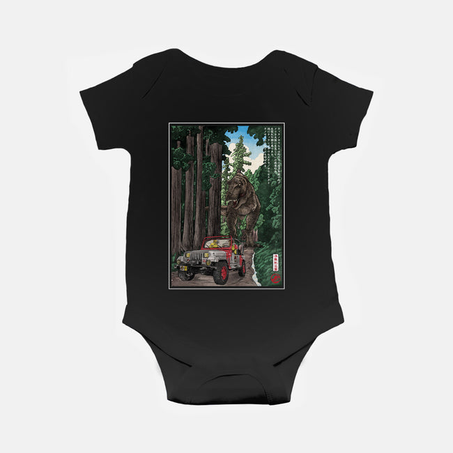 T-Rex Chase Woodblock-Baby-Basic-Onesie-DrMonekers