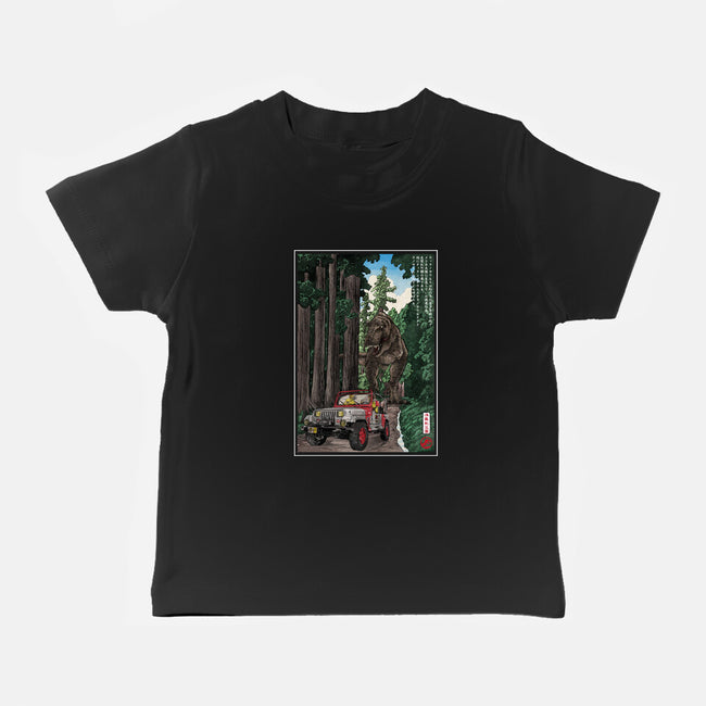 T-Rex Chase Woodblock-Baby-Basic-Tee-DrMonekers