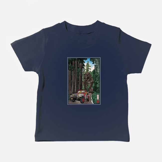 T-Rex Chase Woodblock-Baby-Basic-Tee-DrMonekers