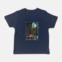 T-Rex Chase Woodblock-Baby-Basic-Tee-DrMonekers