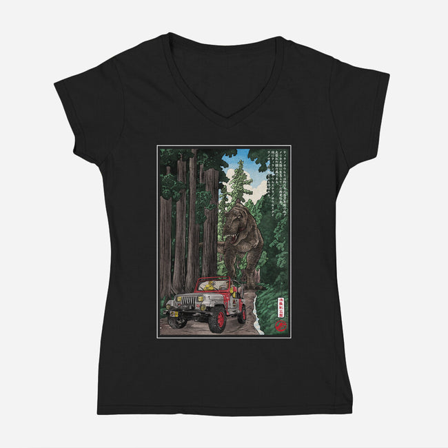 T-Rex Chase Woodblock-Womens-V-Neck-Tee-DrMonekers