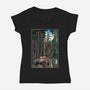 T-Rex Chase Woodblock-Womens-V-Neck-Tee-DrMonekers