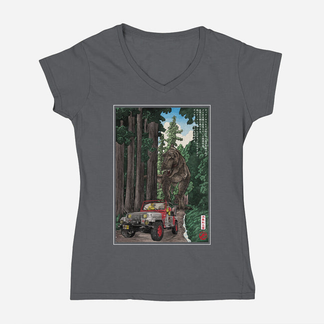 T-Rex Chase Woodblock-Womens-V-Neck-Tee-DrMonekers
