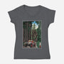 T-Rex Chase Woodblock-Womens-V-Neck-Tee-DrMonekers