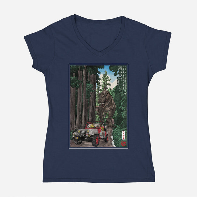 T-Rex Chase Woodblock-Womens-V-Neck-Tee-DrMonekers