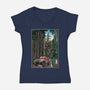 T-Rex Chase Woodblock-Womens-V-Neck-Tee-DrMonekers