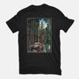 T-Rex Chase Woodblock-Unisex-Basic-Tee-DrMonekers