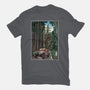 T-Rex Chase Woodblock-Unisex-Basic-Tee-DrMonekers