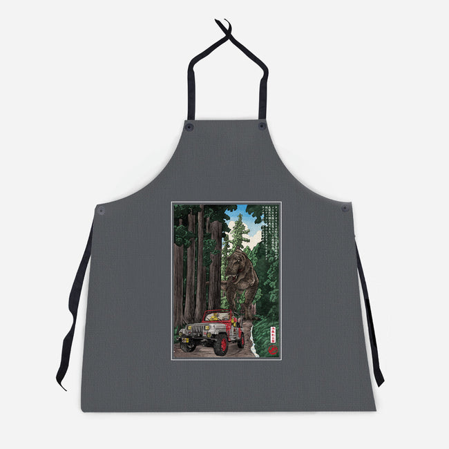 T-Rex Chase Woodblock-Unisex-Kitchen-Apron-DrMonekers