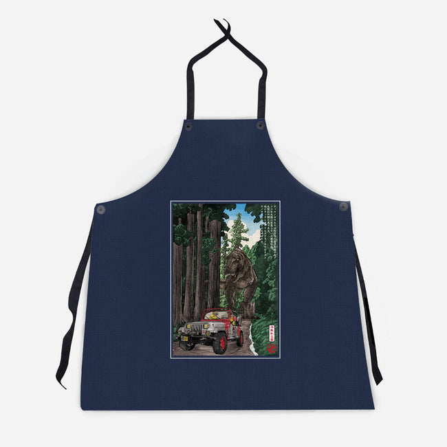T-Rex Chase Woodblock-Unisex-Kitchen-Apron-DrMonekers