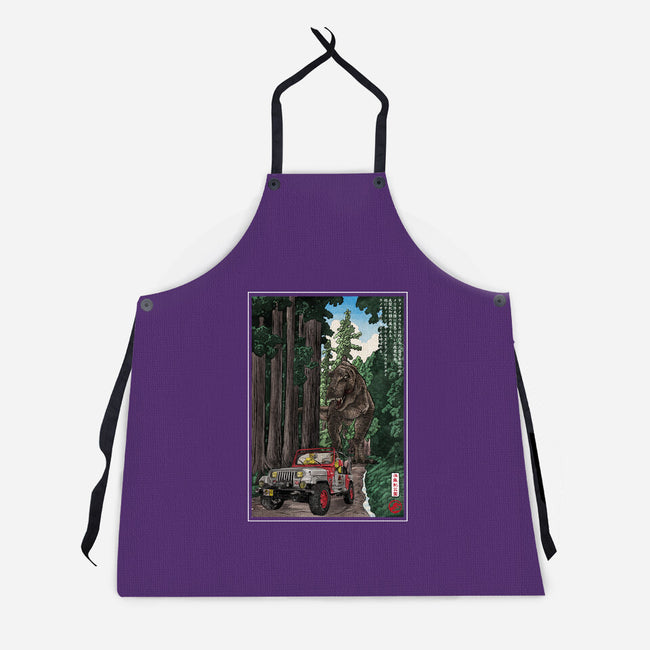 T-Rex Chase Woodblock-Unisex-Kitchen-Apron-DrMonekers