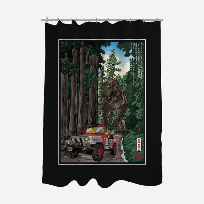 T-Rex Chase Woodblock-None-Polyester-Shower Curtain-DrMonekers