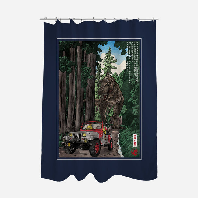 T-Rex Chase Woodblock-None-Polyester-Shower Curtain-DrMonekers