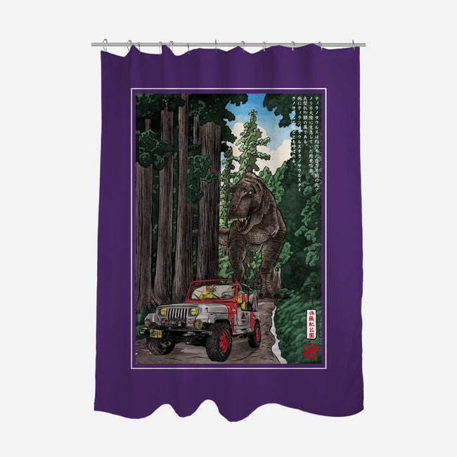 T-Rex Chase Woodblock-None-Polyester-Shower Curtain-DrMonekers