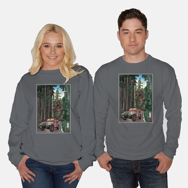 T-Rex Chase Woodblock-Unisex-Crew Neck-Sweatshirt-DrMonekers