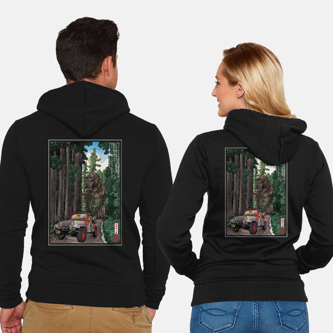 T-Rex Chase Woodblock-Unisex-Zip-Up-Sweatshirt-DrMonekers