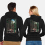 T-Rex Chase Woodblock-Unisex-Zip-Up-Sweatshirt-DrMonekers