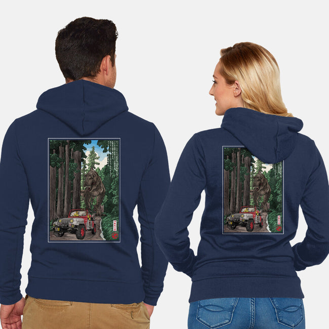 T-Rex Chase Woodblock-Unisex-Zip-Up-Sweatshirt-DrMonekers