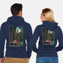 T-Rex Chase Woodblock-Unisex-Zip-Up-Sweatshirt-DrMonekers