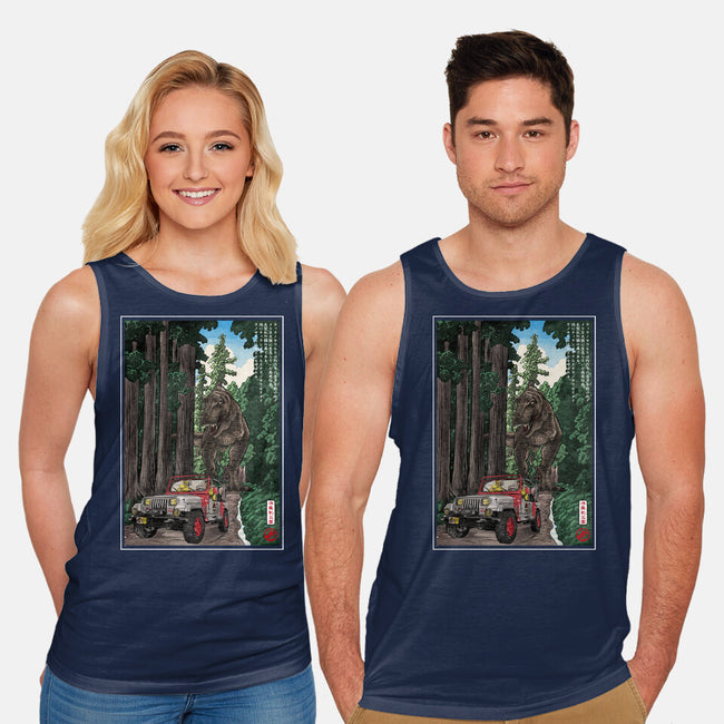 T-Rex Chase Woodblock-Unisex-Basic-Tank-DrMonekers