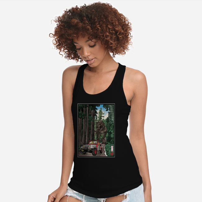 T-Rex Chase Woodblock-Womens-Racerback-Tank-DrMonekers