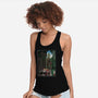 T-Rex Chase Woodblock-Womens-Racerback-Tank-DrMonekers