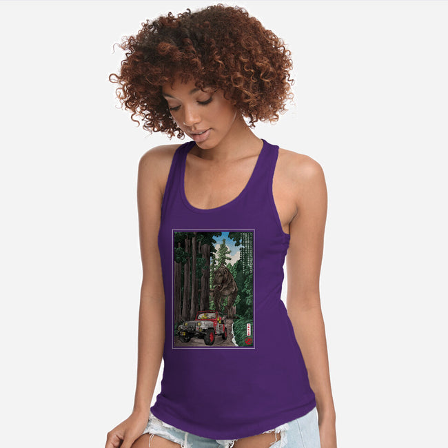 T-Rex Chase Woodblock-Womens-Racerback-Tank-DrMonekers