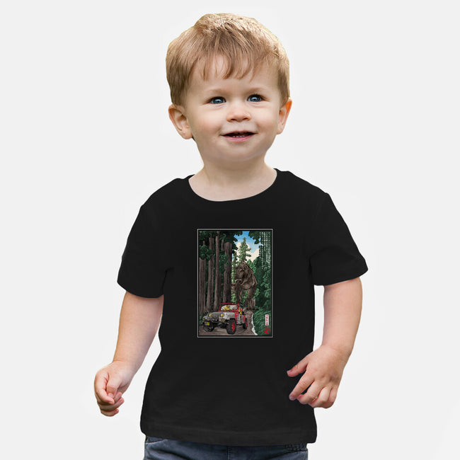 T-Rex Chase Woodblock-Baby-Basic-Tee-DrMonekers