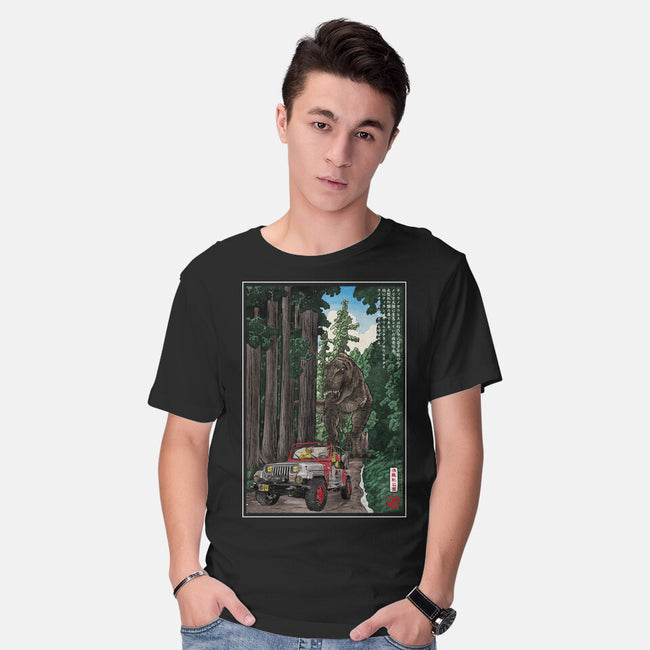 T-Rex Chase Woodblock-Mens-Basic-Tee-DrMonekers