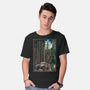 T-Rex Chase Woodblock-Mens-Basic-Tee-DrMonekers