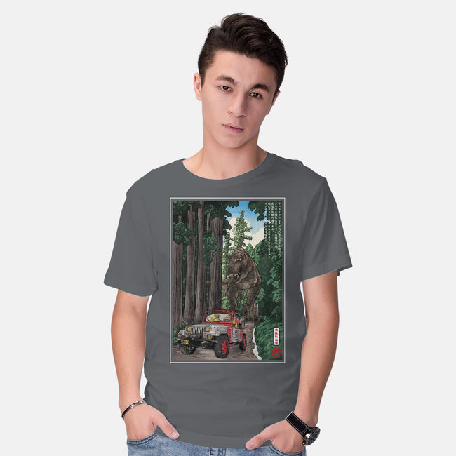 T-Rex Chase Woodblock-Mens-Basic-Tee-DrMonekers