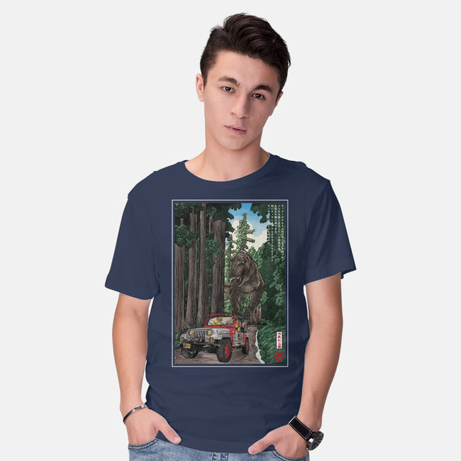 T-Rex Chase Woodblock-Mens-Basic-Tee-DrMonekers