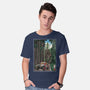 T-Rex Chase Woodblock-Mens-Basic-Tee-DrMonekers